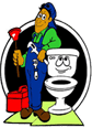 Cartoon of a smiling plumber Pasco County in blue overalls holding a plunger and standing next to a friendly-looking toilet. A red toolbox is by the FL plumber’s feet, with various tools visible in his pockets.