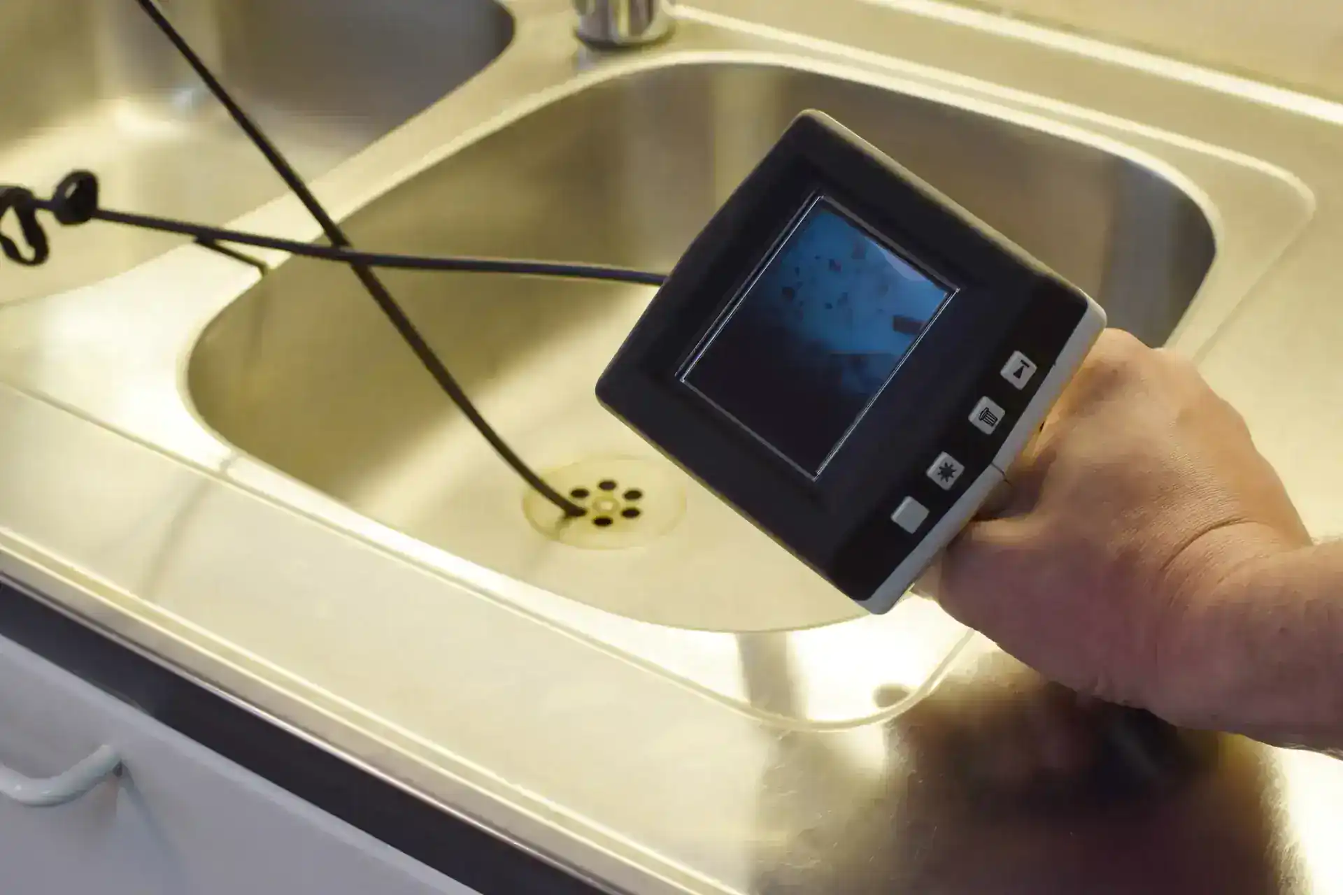 A plumber in Pasco County, FL uses a drain inspection camera with a handheld monitor to examine the inside of a metal kitchen sink drain. The camera cable extends into the clean, empty sink for a thorough inspection.