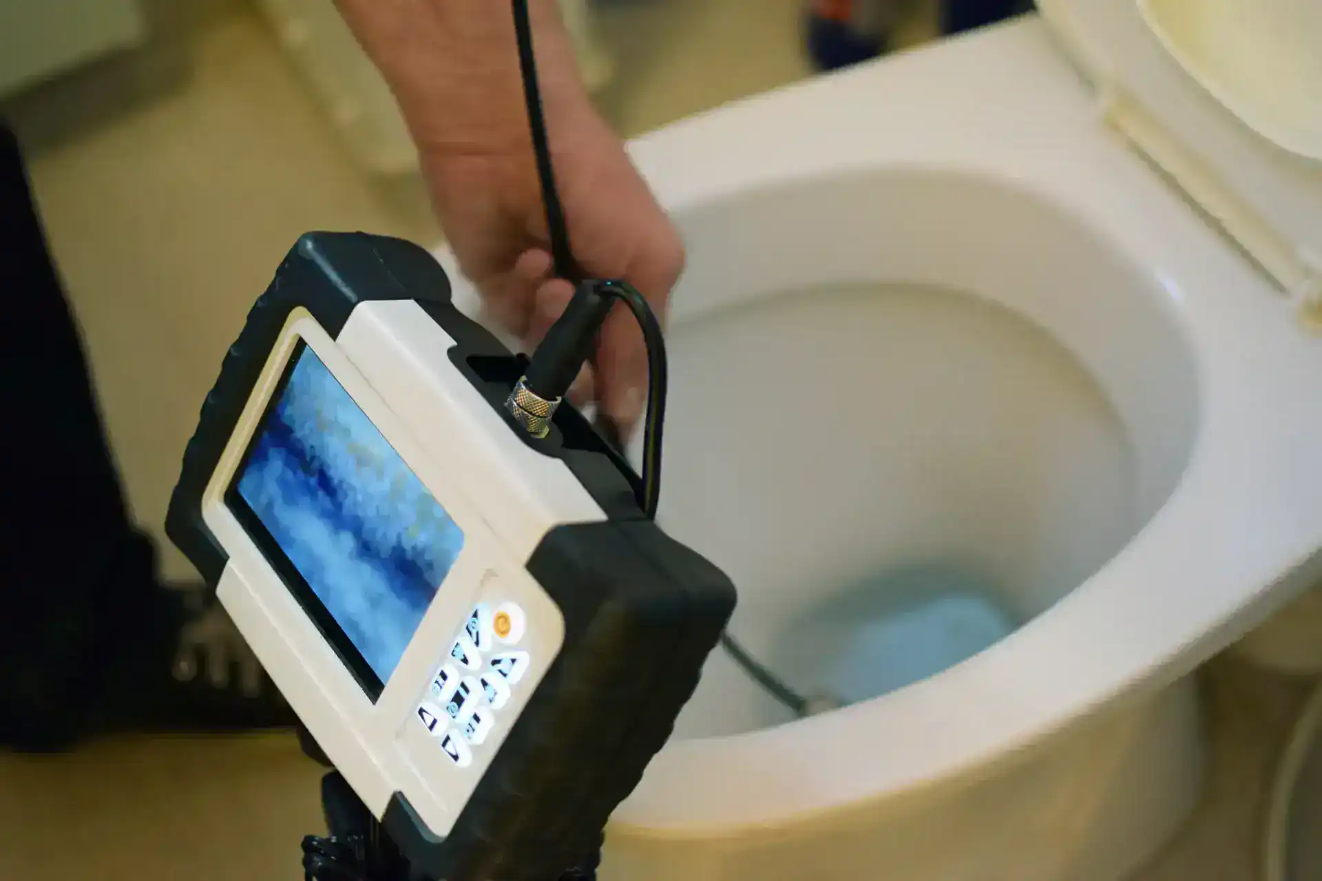 A plumber in Pasco County, FL uses a plumbing inspection camera with a screen to examine the inside of a toilet bowl, checking for blockages or issues in the drain.