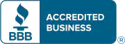 Blue and white badge with the BBB torch logo on the left and the words "Accredited Business" on the right, representing Better Business Bureau accreditation.