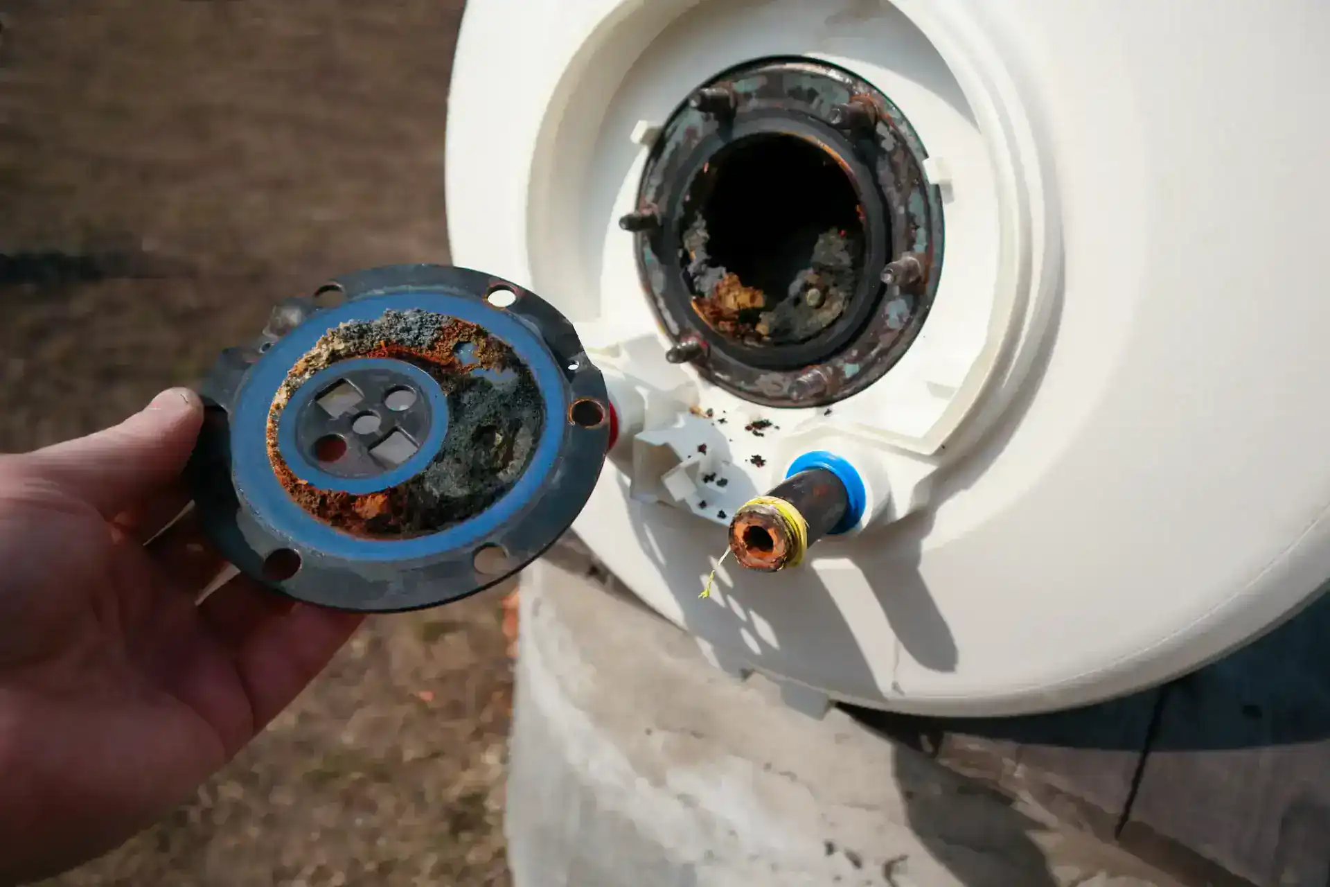 A person holds a corroded metal cover next to an open, rusty water heater, showing visible mineral buildup and damage inside the appliance.
