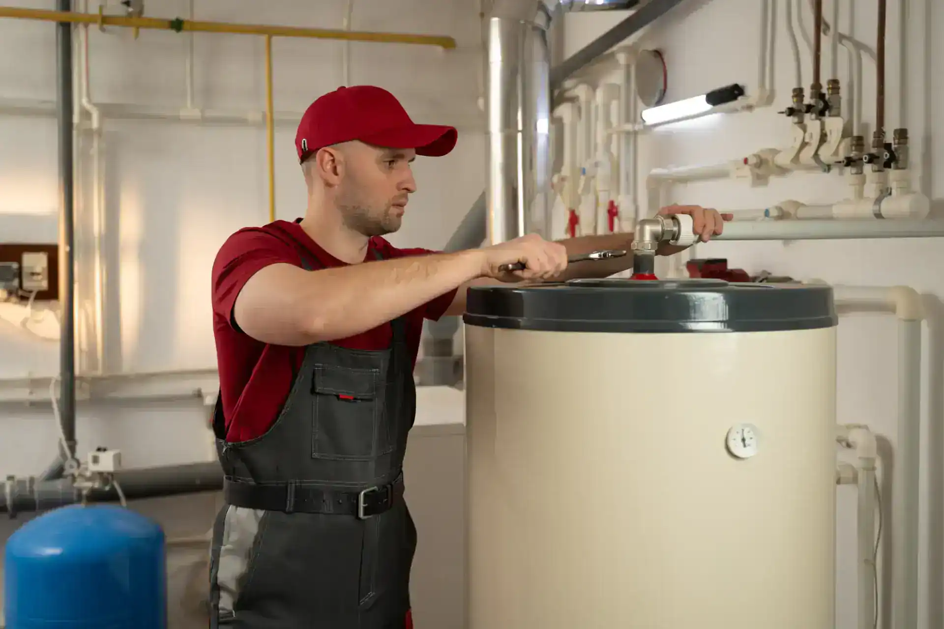 A plumber in a red cap and work overalls uses a large wrench to adjust a pipe on top of a water heater in a utility room with various pipes and equipment.